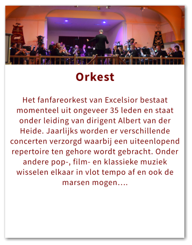 Orkest Orkest  Het fanfareorkest van Excelsior bestaat momenteel uit ongeveer 35 leden en staat onder leiding van dirigent Albert van der Heide. Jaarlijks worden er verschillende concerten verzorgd waarbij een uiteenlopend repertoire ten gehore wordt gebracht. Onder andere pop-, film- en klassieke muziek wisselen elkaar in vlot tempo af en ook de marsen mogen….