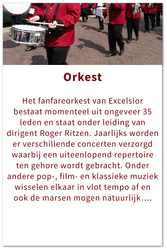 Orkest Orkest  Het fanfareorkest van Excelsior bestaat momenteel uit ongeveer 35 leden en staat onder leiding van dirigent Roger Ritzen. Jaarlijks worden er verschillende concerten verzorgd waarbij een uiteenlopend repertoire ten gehore wordt gebracht. Onder andere pop-, film- en klassieke muziek wisselen elkaar in vlot tempo af en ook de marsen mogen natuurlijk….