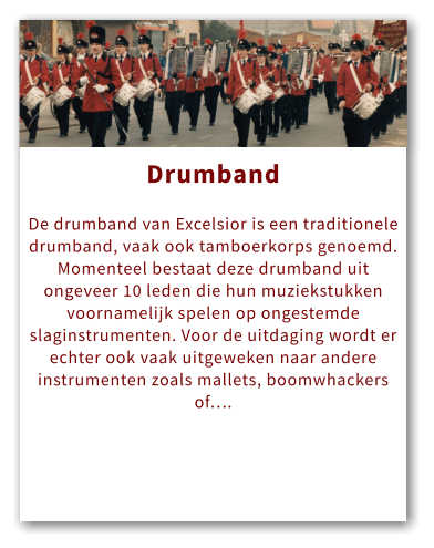 Orkest Drumband  De drumband van Excelsior is een traditionele drumband, vaak ook tamboerkorps genoemd. Momenteel bestaat deze drumband uit ongeveer 10 leden die hun muziekstukken voornamelijk spelen op ongestemde slaginstrumenten. Voor de uitdaging wordt er echter ook vaak uitgeweken naar andere instrumenten zoals mallets, boomwhackers of….