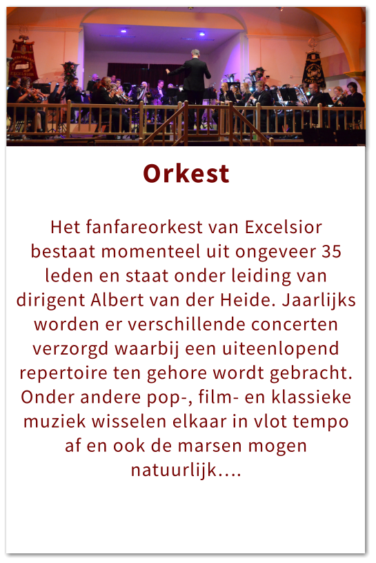 Orkest Orkest  Het fanfareorkest van Excelsior bestaat momenteel uit ongeveer 35 leden en staat onder leiding van dirigent Albert van der Heide. Jaarlijks worden er verschillende concerten verzorgd waarbij een uiteenlopend repertoire ten gehore wordt gebracht. Onder andere pop-, film- en klassieke muziek wisselen elkaar in vlot tempo af en ook de marsen mogen natuurlijk….